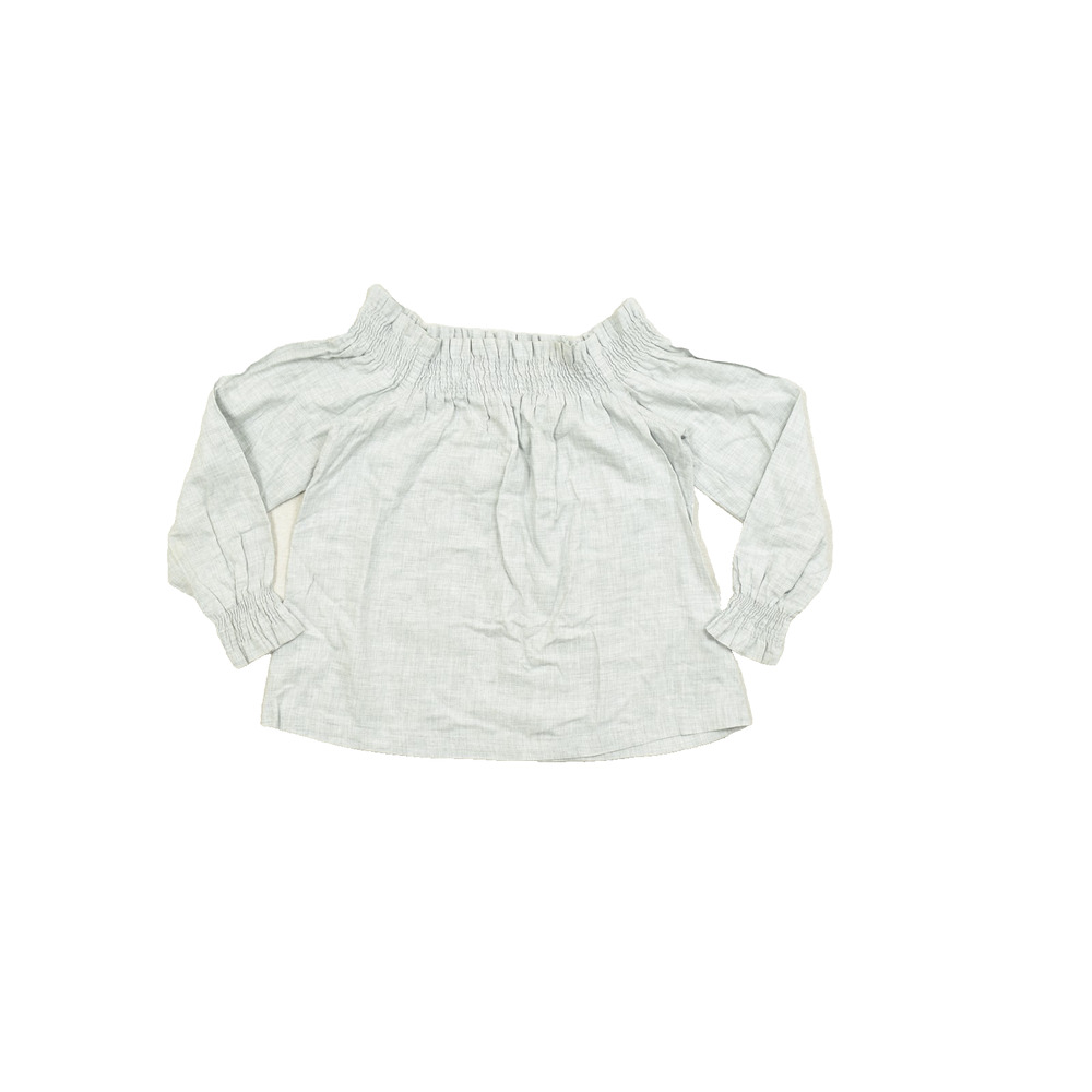 LOFT Petites XSP Gray Smocked Off The Shoulder Long Sleeve Cotton Blouse